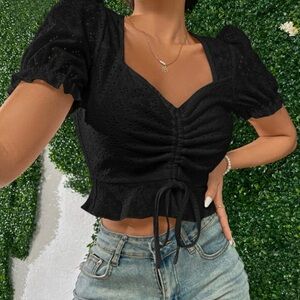 Black Eyelet Puff Sleeve Crop Top